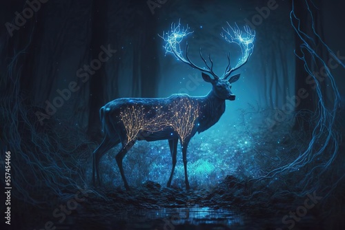 Magical Forest, a deer, opalecent animals , bioluminescence, Highly Detailed, Heavenly Dramatic Lighting