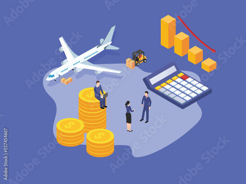 Airplane cargo shipping cost calculating, isometric design illustration