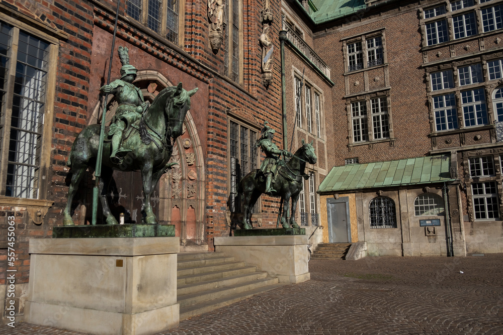 Naklejka premium The Old City of Bremen, Market Place,Old Buldings, St.Petri Dom, Roland Statue, old statues of Bremen, Germany