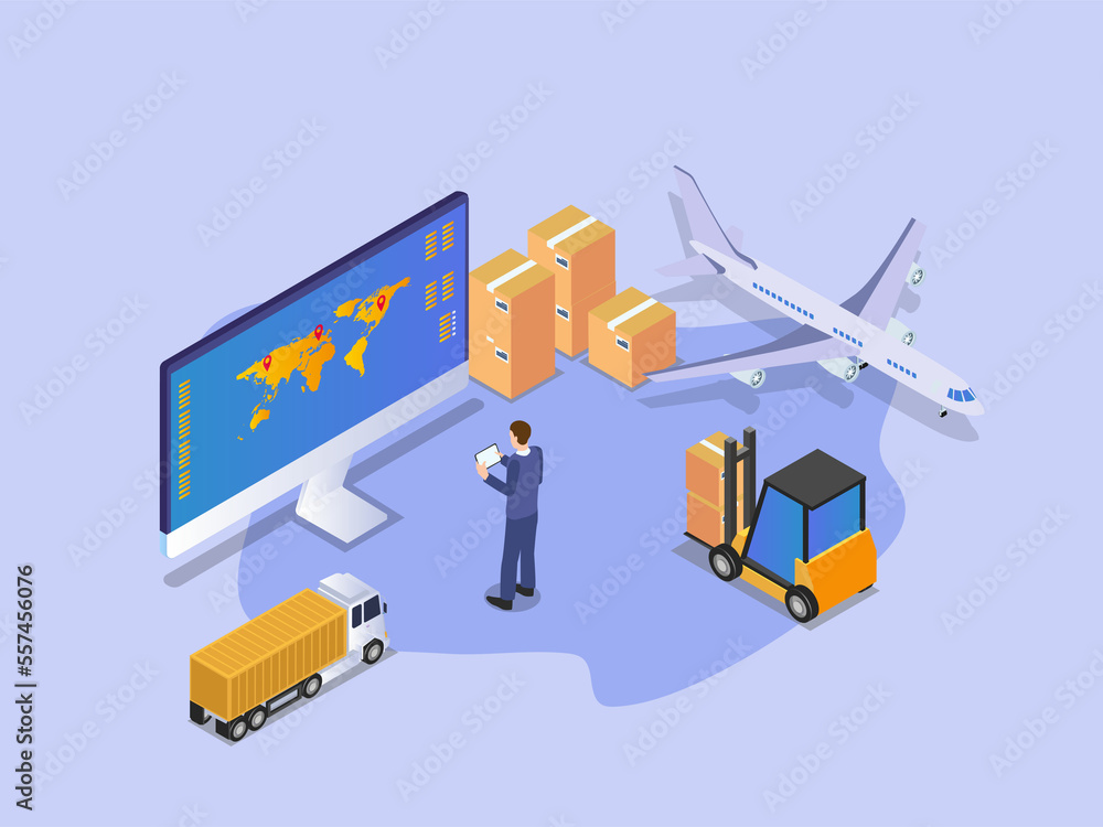 Man monitoring cargo shipment by airplane to worldwide, isometric illustration design Man monitoring cargo shipment by airplane to worldwide, isometric illustration design