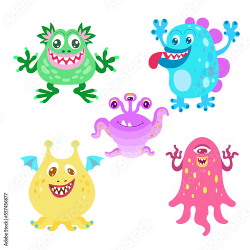 Set of funny cartoon monsters. Children s theme. For the design of prints  posters  stickers  cards and so on. Vector illustration.