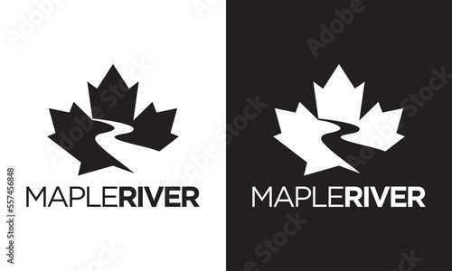 maple leaf with river logo design vector illustration