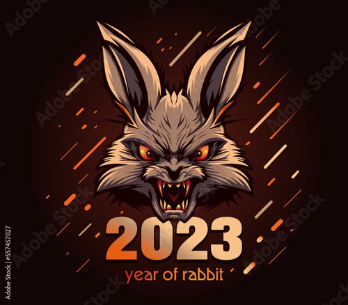 2023 year of rabbit. Angry furious rabbit rabbit with burning eyes and bloodied teeth. Flat style logo. Vector illustration