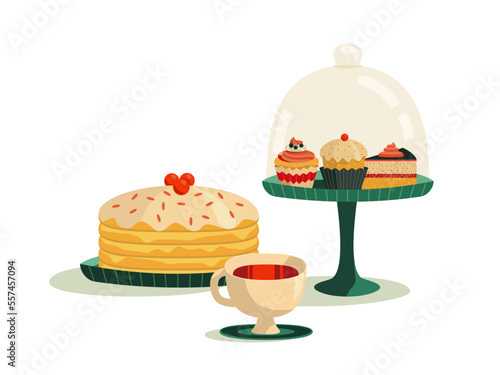Tea with cake and cupcakes colorful design element. Bakery shop flat vector illustration. Coffee shop, bakery menu decor. Cupcake, muffin, cake slice. Holiday birthday restaurant party banner template