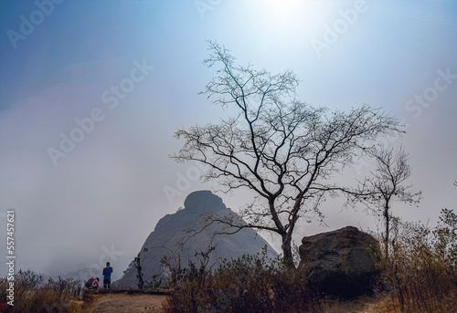 Hill area view of some platue area of Purulia district in India on an winter trip  on a foggy day time on21st December 2022. photo