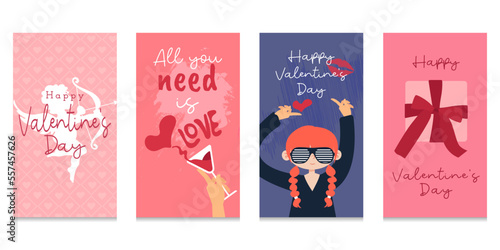 Valentine's day, set of greeting cards of valentine with flat style, hand drawn vector illustration..