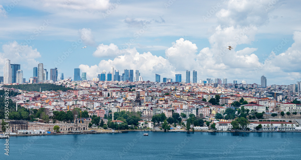 View from the sea to Istanbul. The coastline with old and new houses in the vicinity of the city.