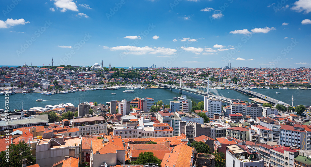 View from the roof of the Bosphorus Strait, the bridge and the mosque. Summer panoramic landscape in Istanbul,  Turkey