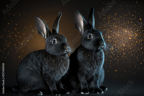 Black rabbits symbol Chinese New Year. Festive background golden lights. Digitale illustration, generative AI