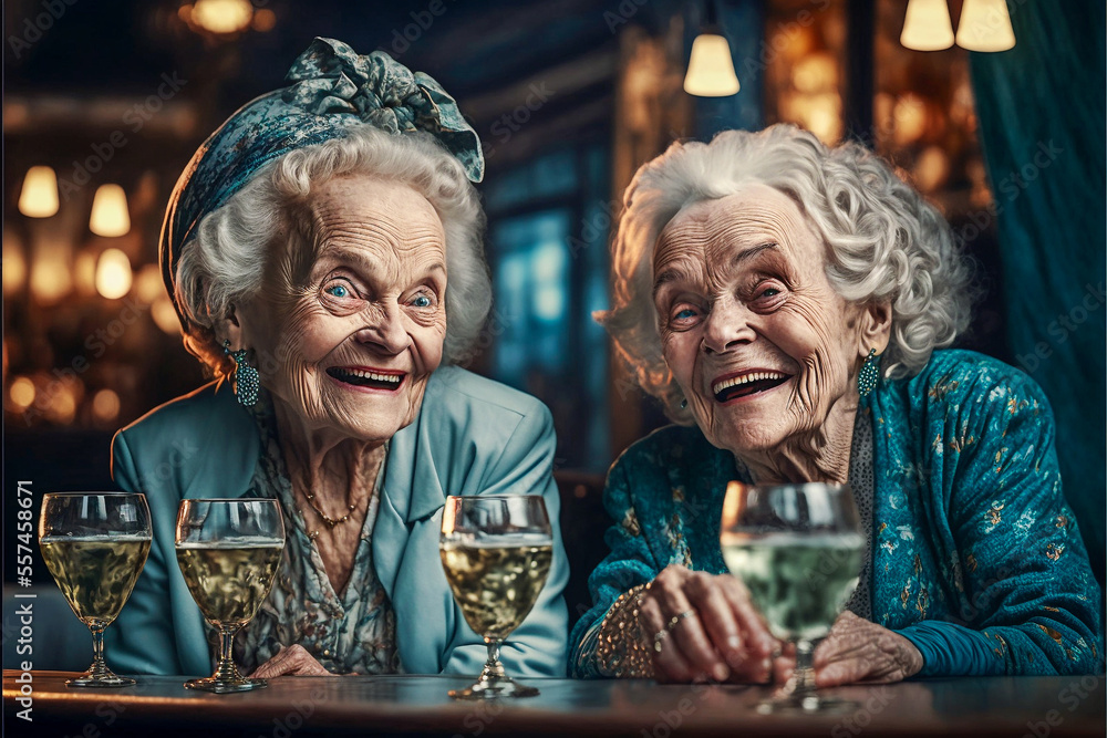Two little old ladies drinking at a bar and laughing together having