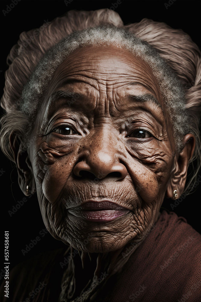 Mature African American woman with kind eyes and wrinkled face. Generative AI.