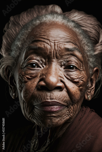Mature African American woman with kind eyes and wrinkled face. Generative AI.