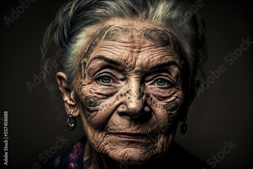 Portrait of mature elderly woman with wrinkles and tattoo on her friendly face. Generative AI © Haydiddle