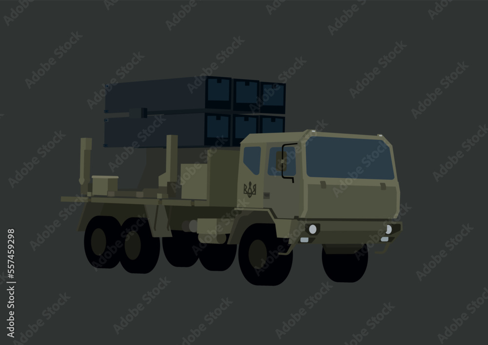 Fototapeta premium illustration of surface-to-air missile system with Ukrainian trident symbol isolated on grey.