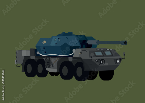 illustration of military armored vehicle with Ukrainian trident symbol isolated on green.