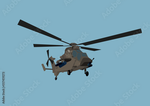 illustration of Ukrainian military helicopter in sky isolated on blue.