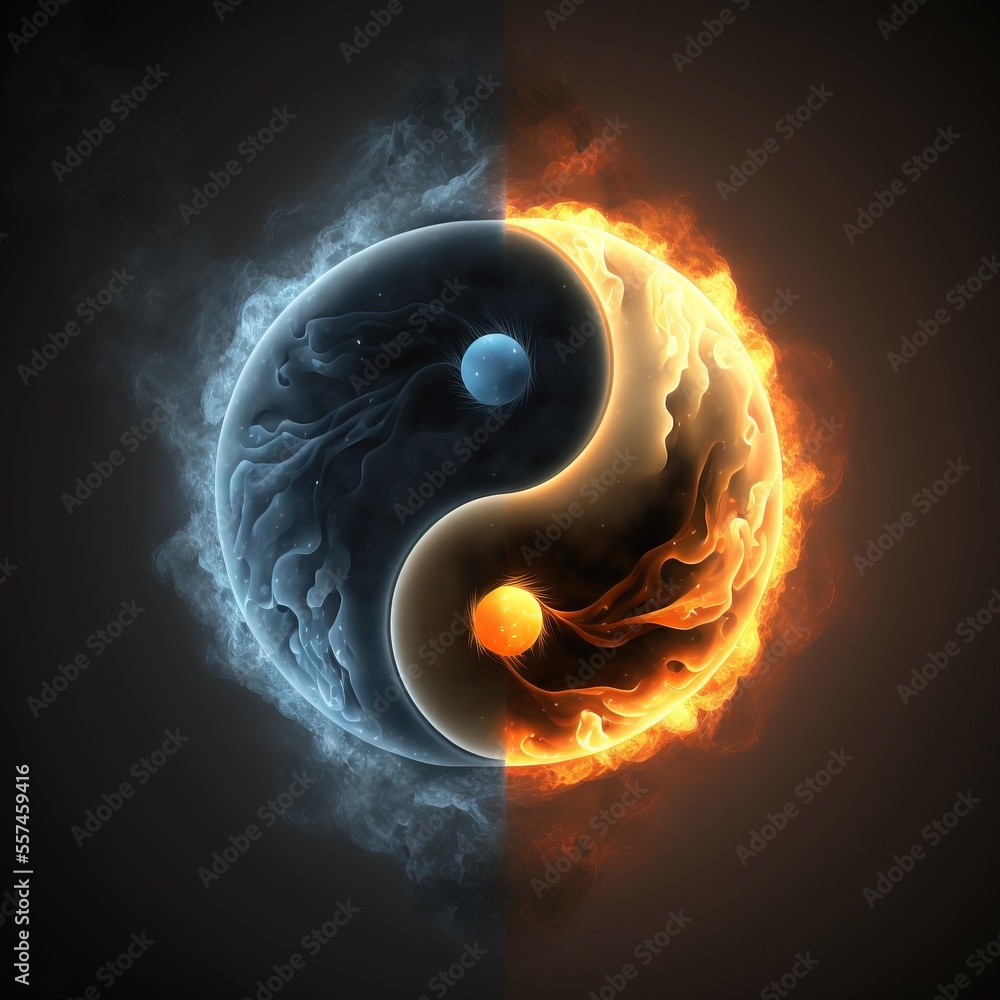 a yin - yang symbol is shown in a fire and smoke background with a ...