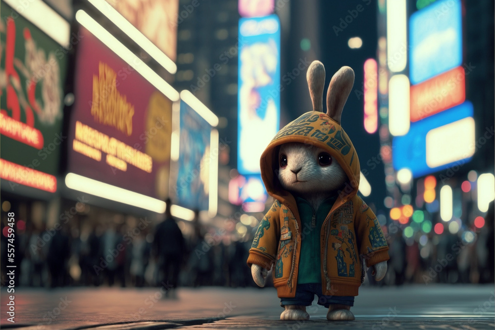 custom made wallpaper toronto digitalcute bunny hip hop fashion outfits at timesqaure,neon sign city people celebraton blurred background,generative ai.