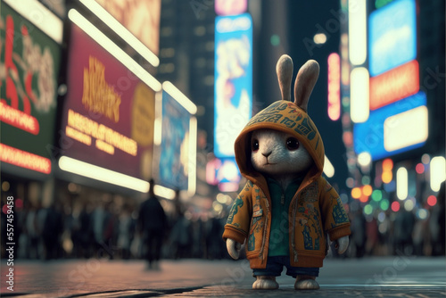 Wallpaper Mural cute bunny hip hop fashion outfits at timesqaure,neon sign city  people celebraton blurred background,generative ai. Torontodigital.ca