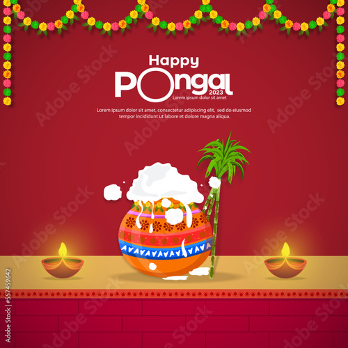 Happy Pongal South Indian harvest festival celebration banner or poster design background
