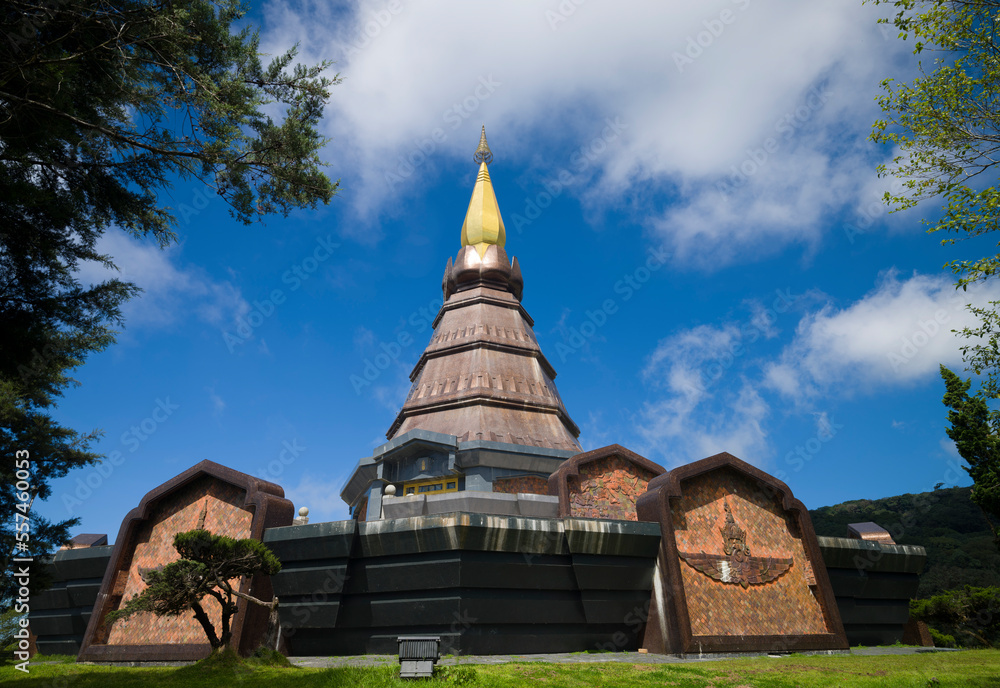 Famous Doi Inthanon national park. Two pagodas view at the Inthanon mountain on a beautiful day. Northern Thailand most popular tourist destinations. Chiang Mai, Thailand