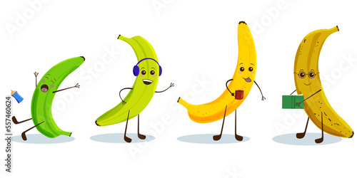 Cute kawaii banana set character with funny face in different ages. Cute and funny comic style. Vector flat cartoon character illustration. Isolated icon design on white background.
