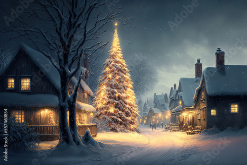Illuminated Christmas tree with garland in the village. Christmas eve. Winter landscape, art illustration © vvalentine