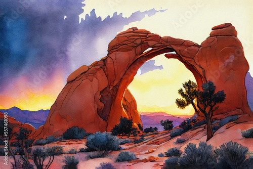 red rock desert skyline sunset watercolor arch dusk sandstone, generative ai Fototapet