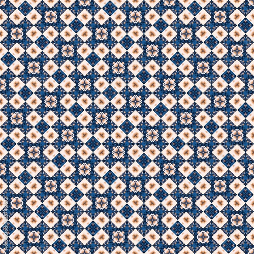 Indigo Blue white watercolor batik blur azulejos tile background. Seamless coastal blur painterly geometric mosaic effect. Patchwork masculine all over summer fashion damask repeat