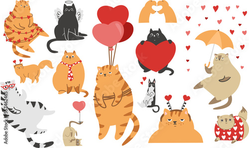 Cute vector set for Valentine's Day. Funny cats with hearts and funny clothes. Heart sign with paws, rain of hearts, disgruntled and funny cats 