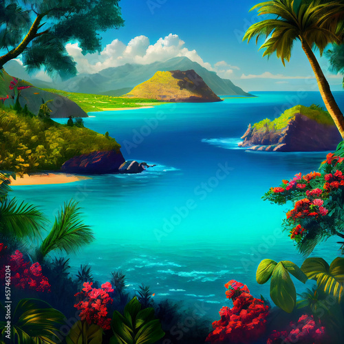A tropical island.  Gorgeous landscape with flowers and trees   blue ocean and rocks. Oil painted art created with Generative AI technology 