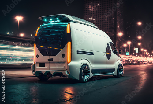 White futuristic panel van or compact commercial vehicle in a night city, rear right angle view, Generative AI