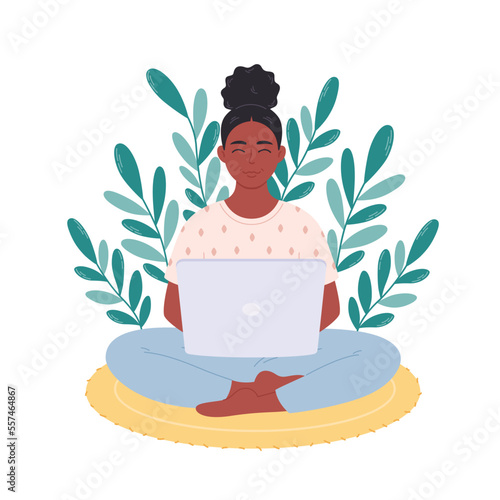Black woman sitting with laptop. Woman working on computer. Freelance, work from home, remote working. Hand drawn vector illustration