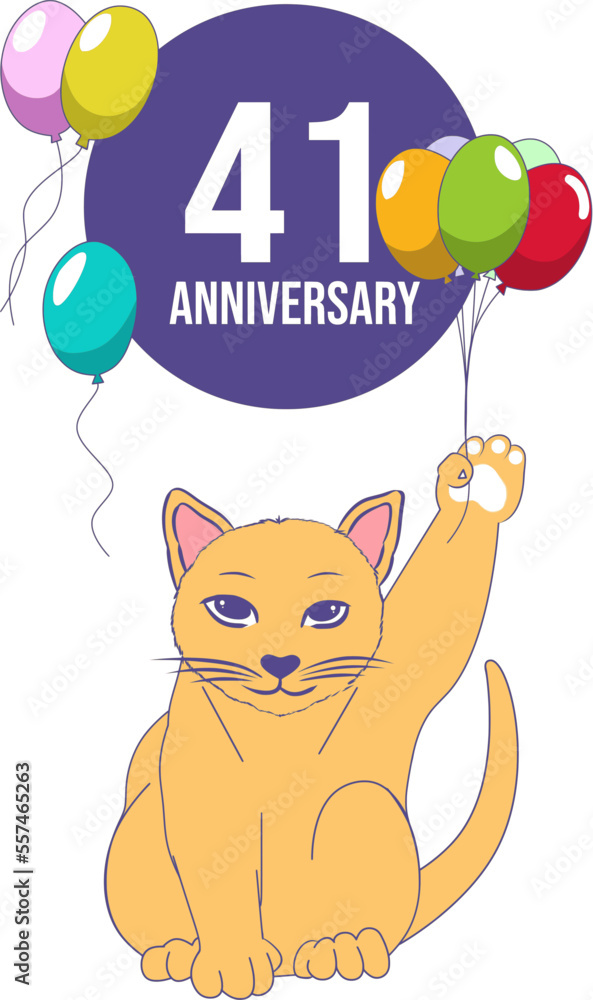 Vector of a kitten holding birthday party balloons. Kitten holding balloons wishing a happy birthday. 41 year old cat holding birthday party balloons. happy birthday illustration. Vector of a kitten holding birthday party balloons. Kitten holding balloons wishing a happy birthday. 41 year old cat holding birthday party balloons. happy birthday illustration.