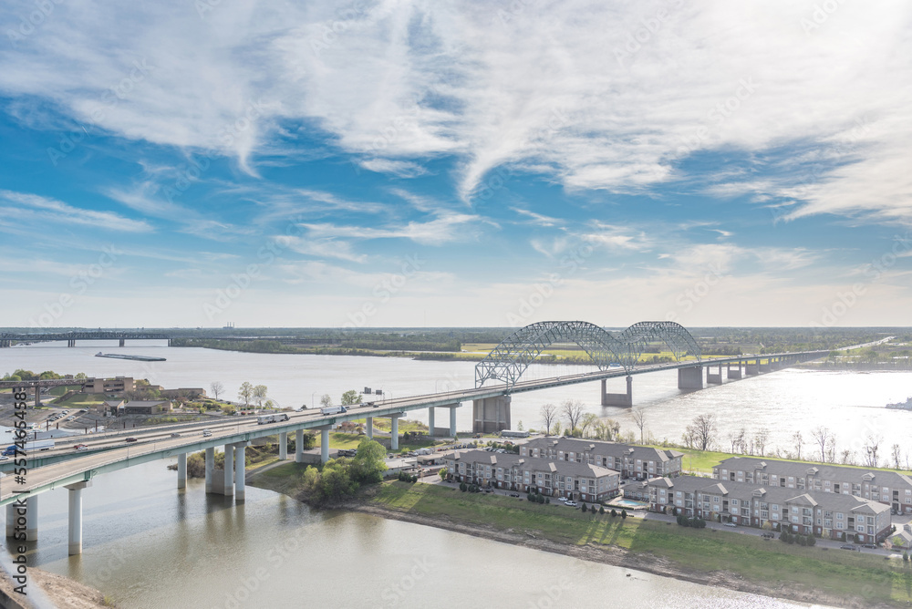 Cityscape of Memphis. Mississippi river and Hernando de Soto Bridge. Tennessee