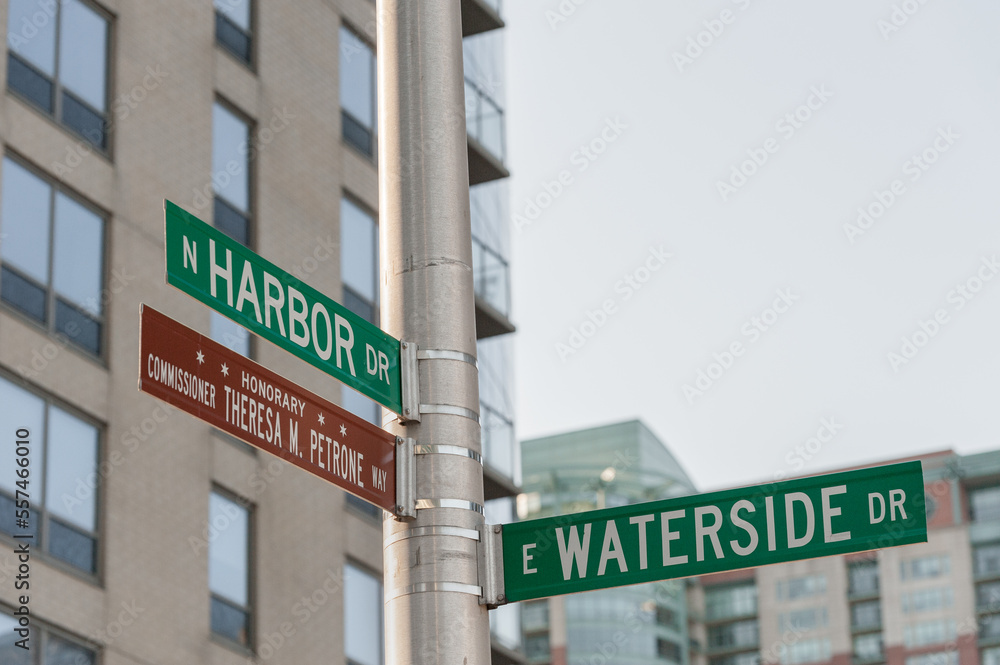Chicago Road Sign N Harbor E Waterside. Illinois. Chicago Road Sign N Harbor E Waterside. Illinois.