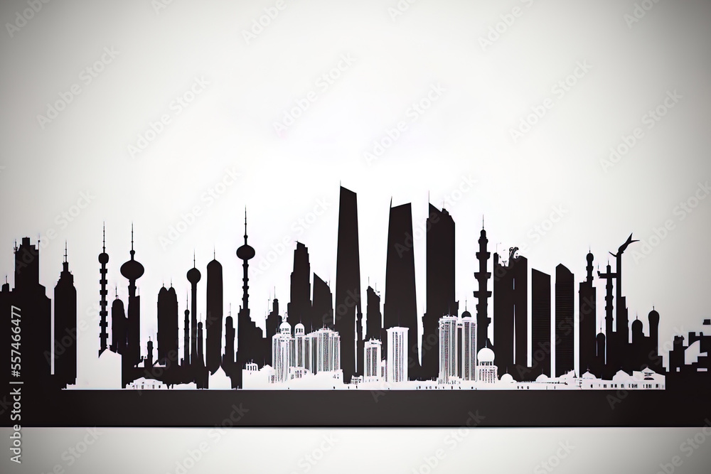 Horizontal banner of the Qatar skyline. Qatar in shadow in black and white. For your design, use a template. Generative AI