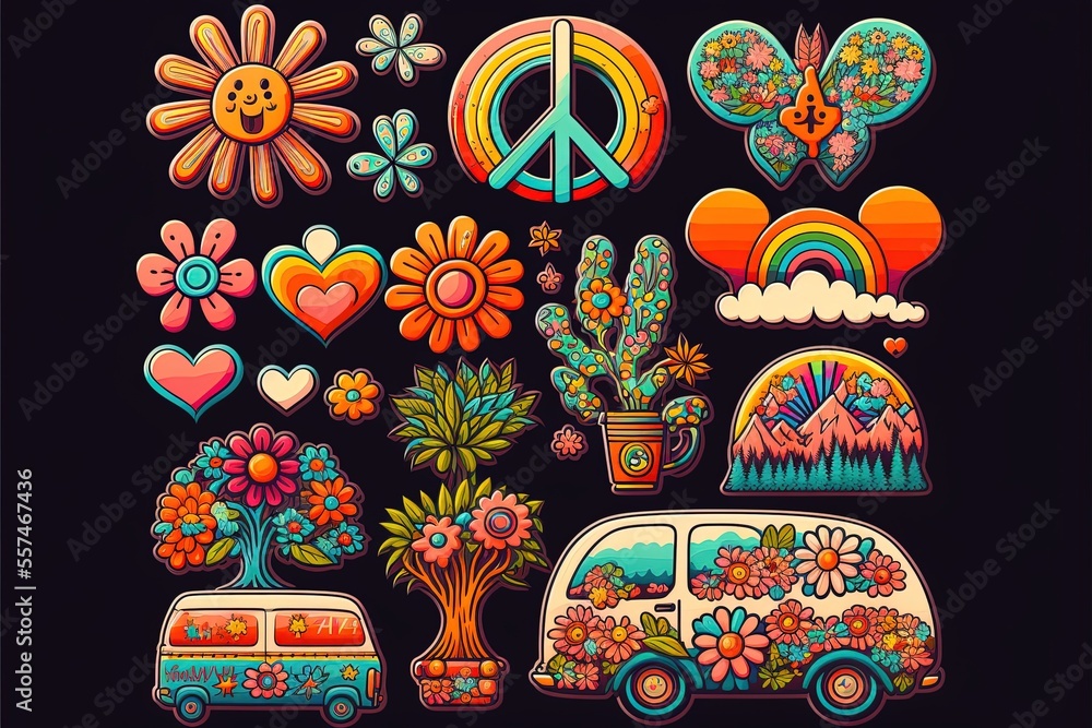 Big set of Retro 70s groovy elements, cute funky hippy stickers ...