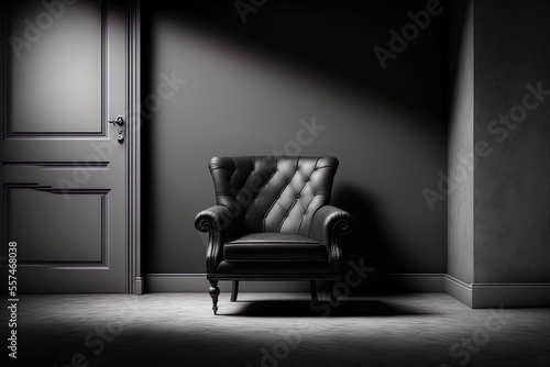An armchair is in the room against a background of an empty, black wall. Generative AI