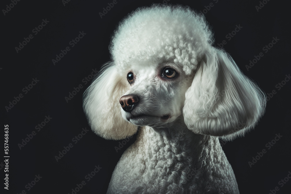 Head portrait illustration of a pretty white poodle dog on dark background. Content is created with generative ai Head portrait illustration of a pretty white poodle dog on dark background. Content is created with generative ai
