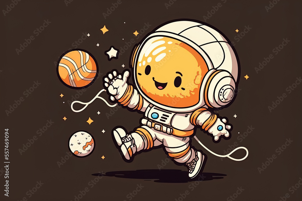 Fototapeta premium Cartoon symbol of a cute astronaut playing moon volleyball. idea for a science sport icon. Generative AI