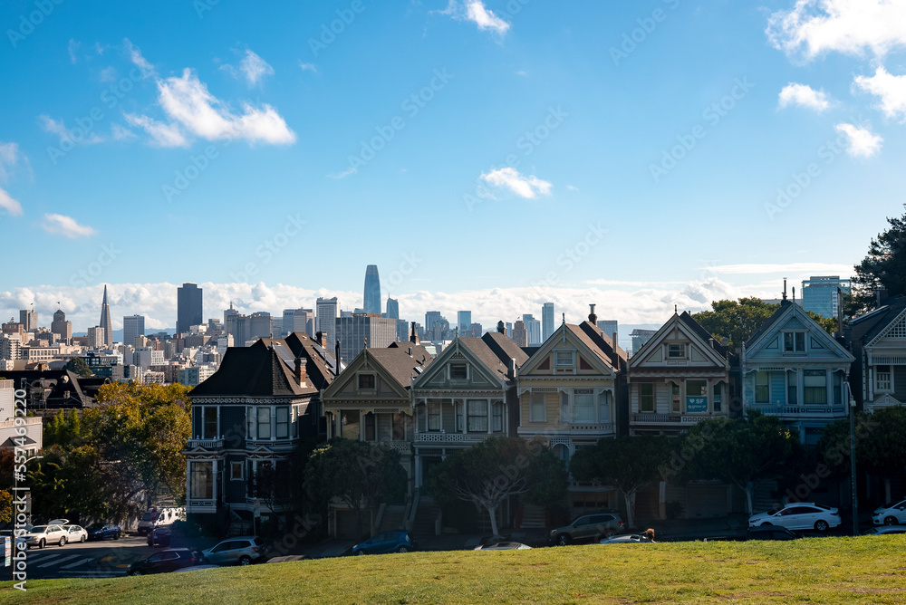 San Francisco, USA. September 20, 2022. View of historic Painted Ladies Houses in a row with blue sky in the background during summer at Alamo Square in California