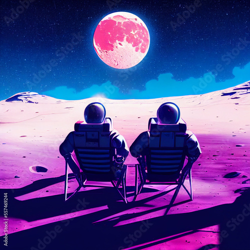 Two astronauts relaxing on the moon, looking at the space