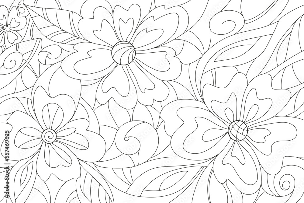 Drawn pattern for coloring. Colorbook. Antistress. Mandala. Patterned flowers. Black lines on a white background. Coloring.