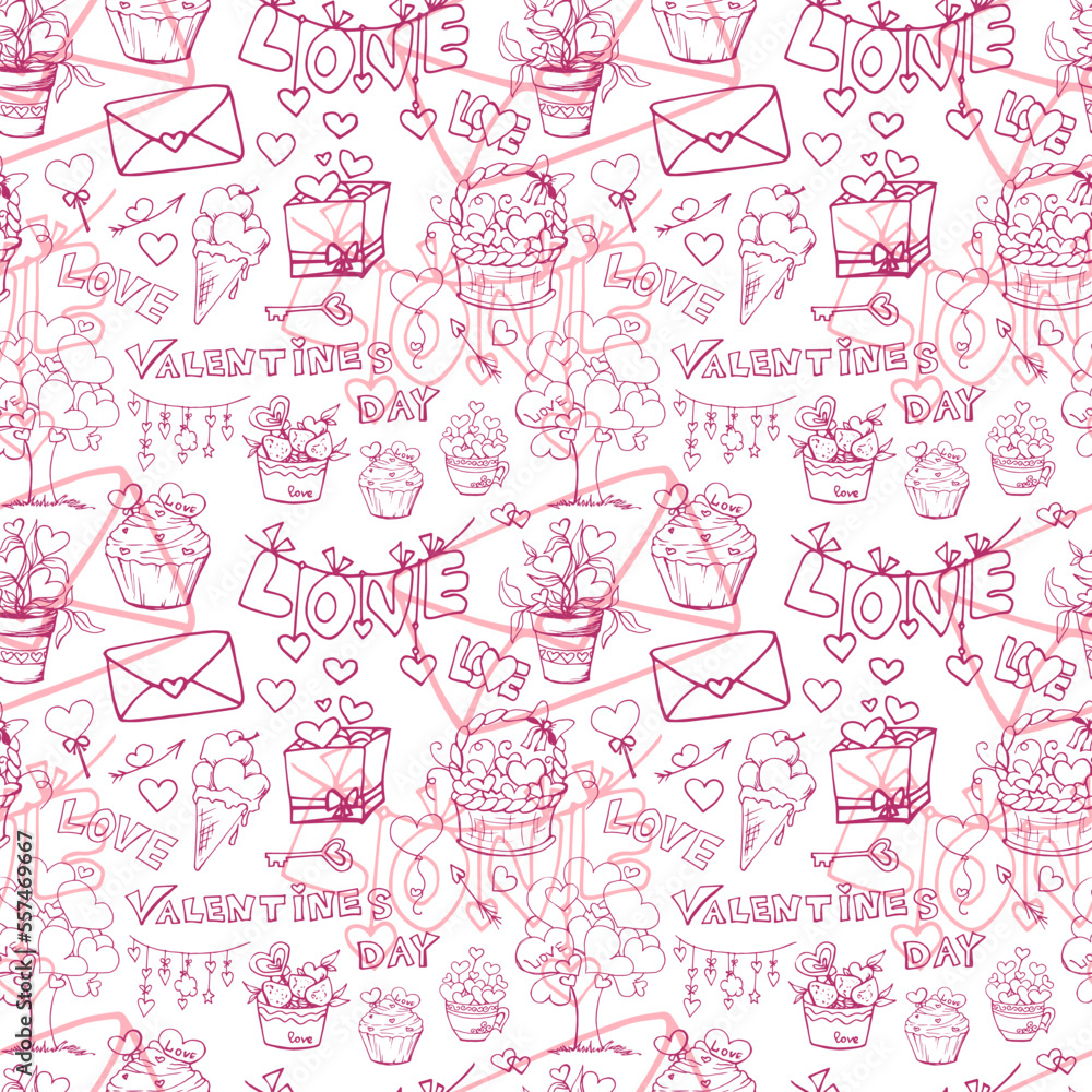 Drawn doodle before Valentine's day. Seamless vector pattern with hearts. Valentine's Day. The senses. Love.