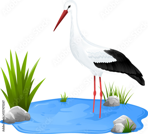 Small decorative pond with white stork bird staying in water, water reservoir for landscape design