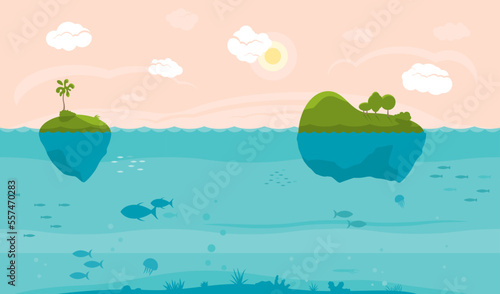 Day sea game background with islands and underwater life tillable horizontally, cartoon fantastic landscape with small floating islands and lots of fish in the water