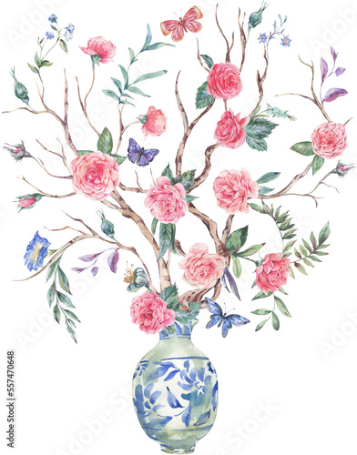Watercolor bouquet of flowers in vase transparent png