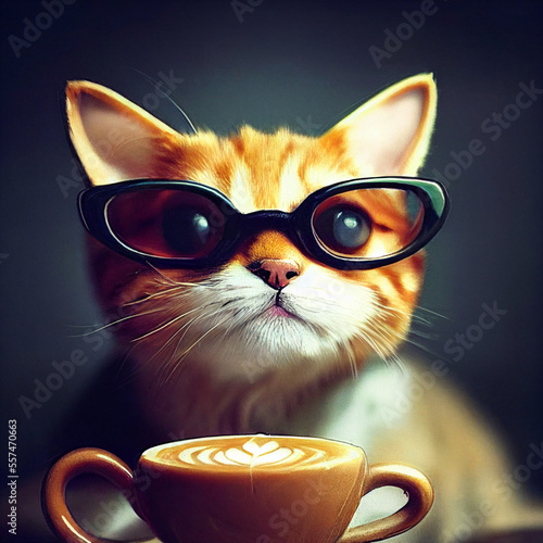 Cat with glasses drinking a cup of coffee