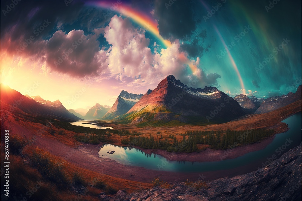 a painting of a rainbow over a mountain range with a lake and a rainbow in the sky above it.